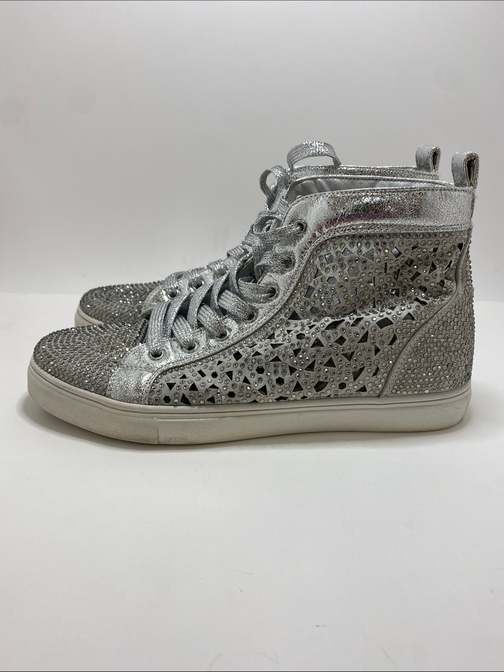 Lady Couture Silver High-Top Laser Cut Rhinestone Sneakers Size 8